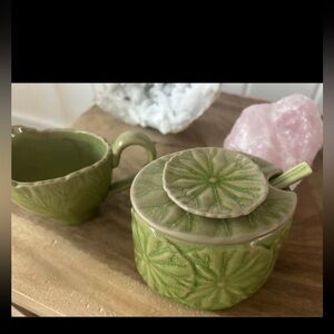 Anthropologie Ceramic Green Majolica Cream and Sugar Server Set